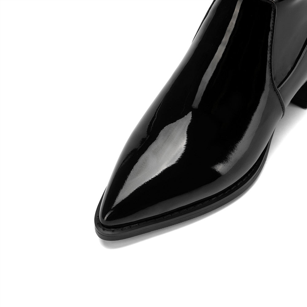 Nine Seven Women's Glossy Patent Leather Handmade Pointed Toe Half Side Zip Low Chunky Heel Stylish Plus-size Customized Circumference Over Knee Boots