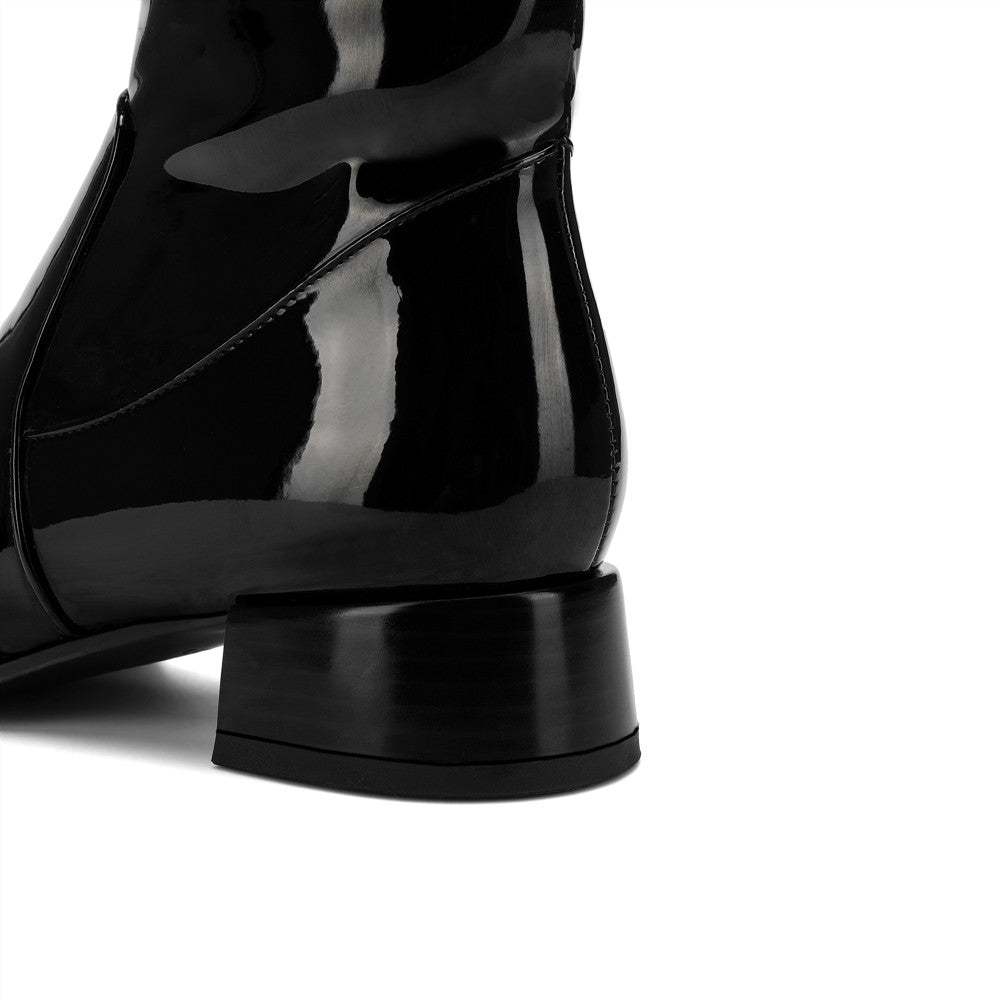 Nine Seven Women's Glossy Patent Leather Handmade Pointed Toe Half Side Zip Low Chunky Heel Stylish Plus-size Customized Circumference Over Knee Boots