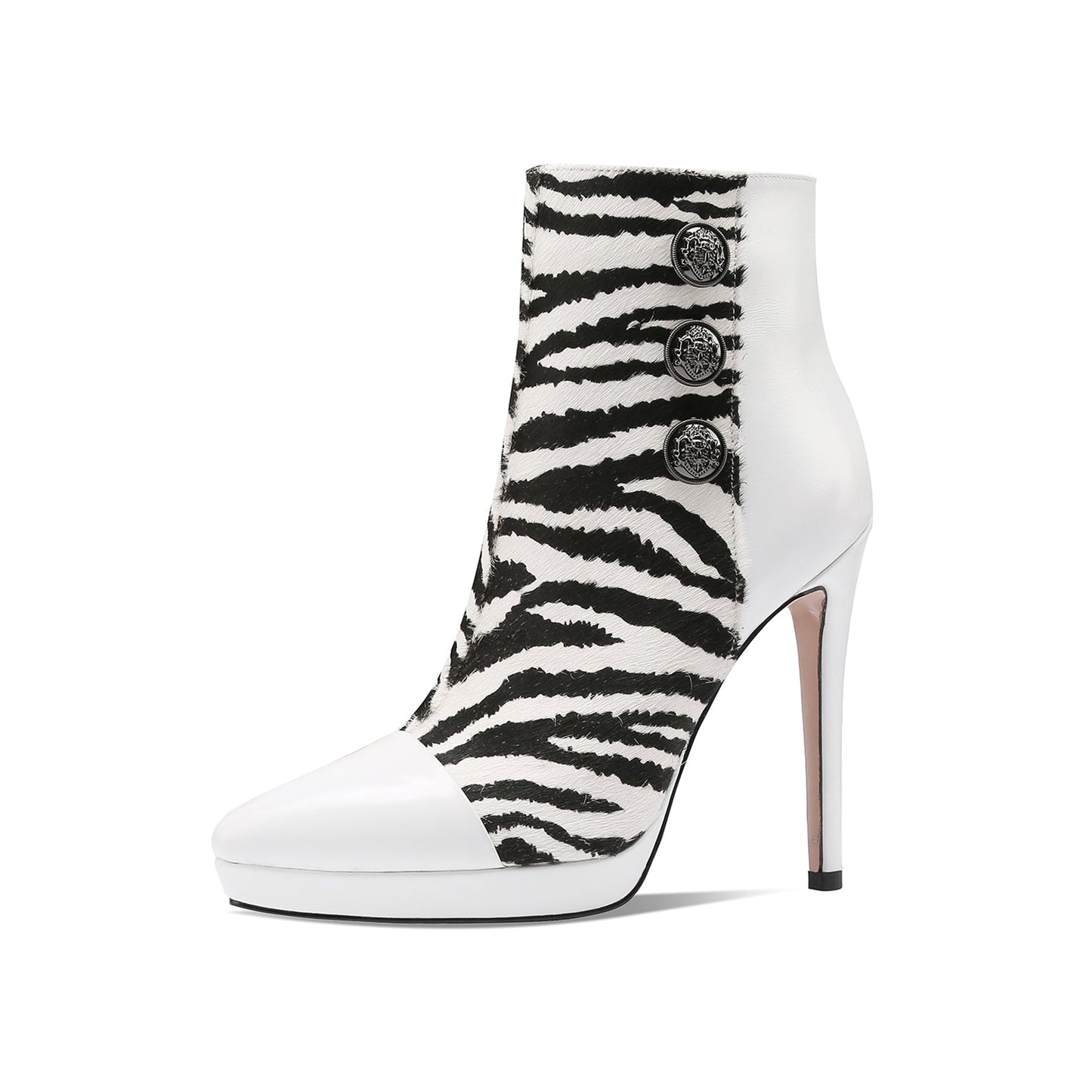 Nine Seven Handmade Women's Genuime Leather Platform Metal Décor Buttons Printed Side Zipper Pointed Toe High Stiletto Heel Ankle Boots