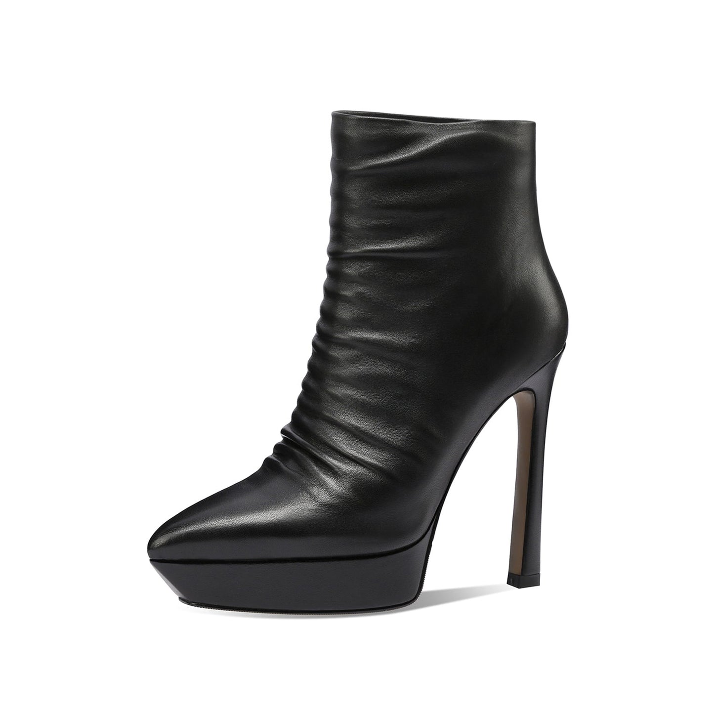 Nine Seven Handmade Women's Genuime Leather Platform Plicated Side Zipper Pointed Toe High Stiletto Heel Ankle Boots