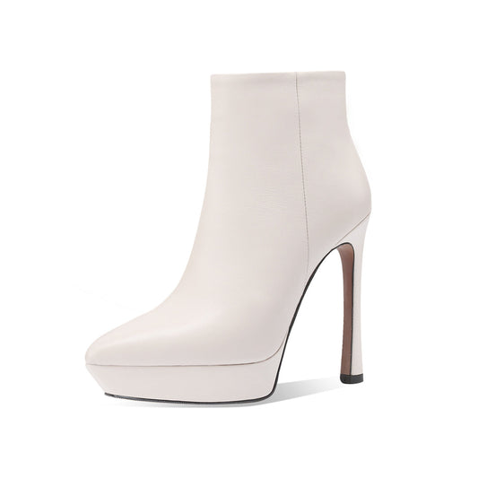 Nine Seven Handmade Women's Genuime Leather Platform Side Zipper Pointed Toe High Stiletto Heel Ankle Boots Shoes