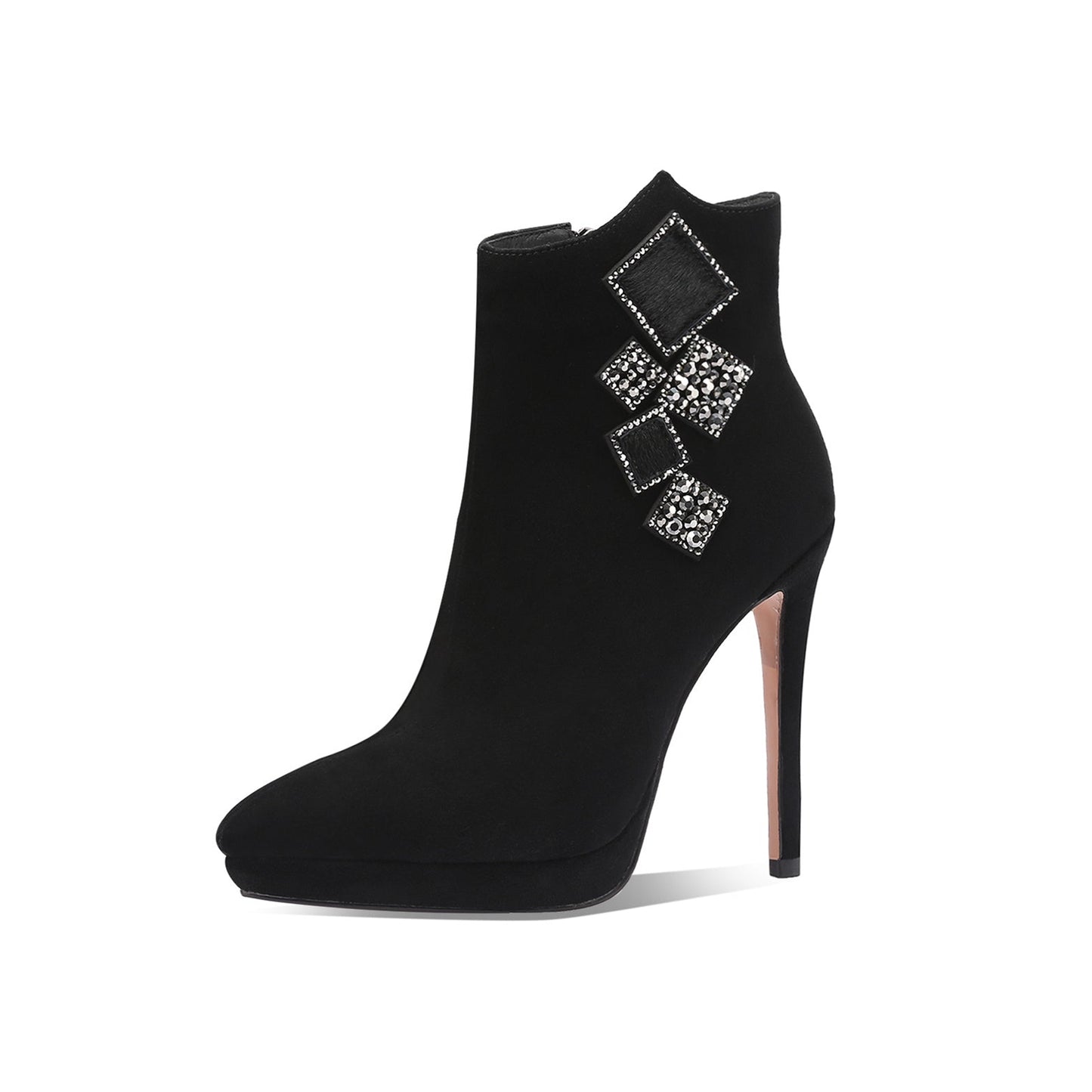 Nine Seven Handmade Women's Suede Leather Cube Rhinestones Side Zipper Pointed Toe Platform High Stiletto Heel Ankle Boots