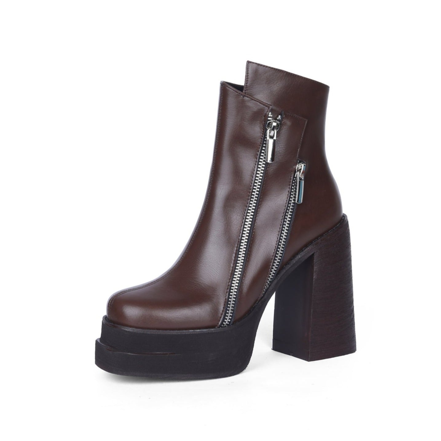 Nine Seven Handmade Women's Genuine Leather Stylish Side Zipper Platform Square Toe Mid High Heel Ankle Boots Shoes