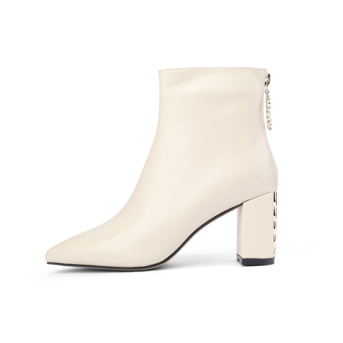 Nine Seven Genuine Leather Women's Handmade Pointed Toe Chunky Heel Ring Shapped Zipper Ankle Boots