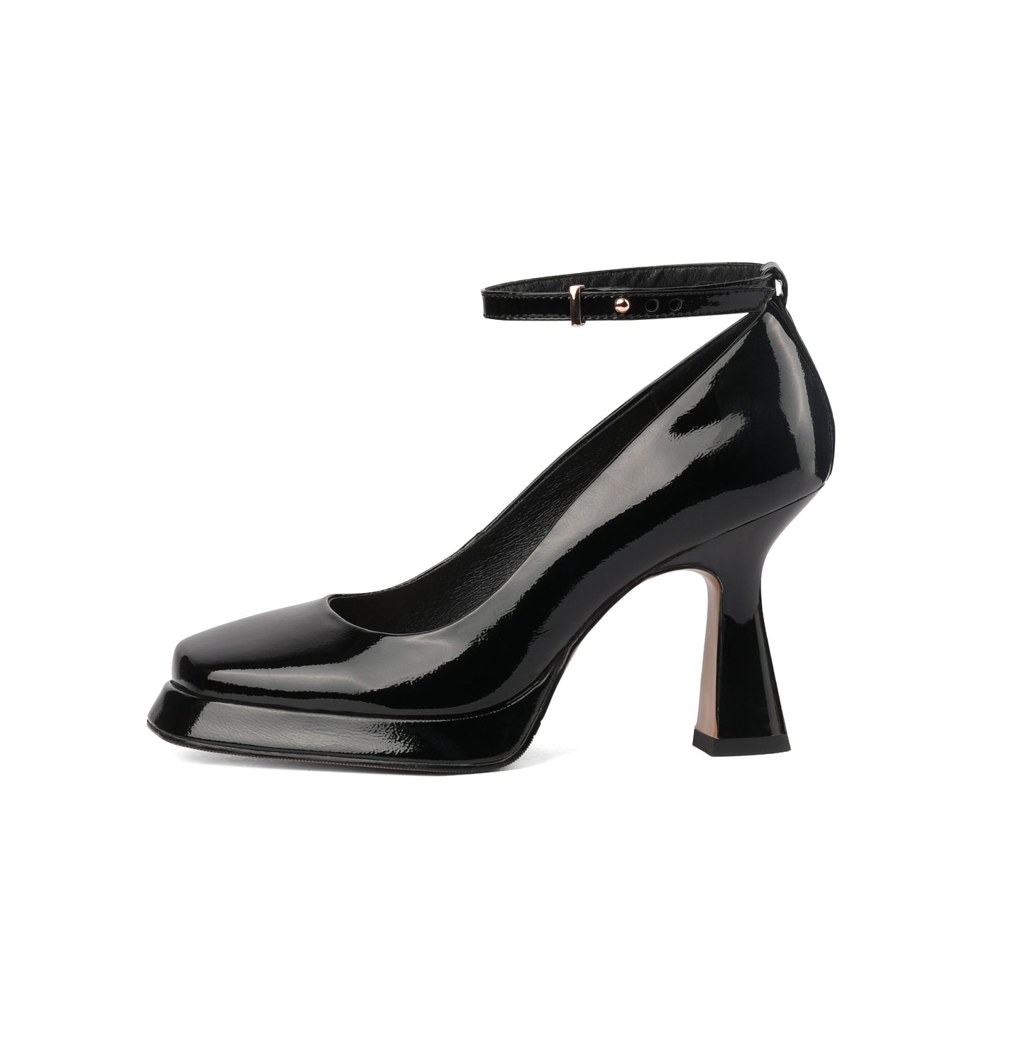 Nine Seven Women's Square Toe Glossy Patent Leather Handmade Platform Stylish High Chunky Heels with Detachable Ankle Belt