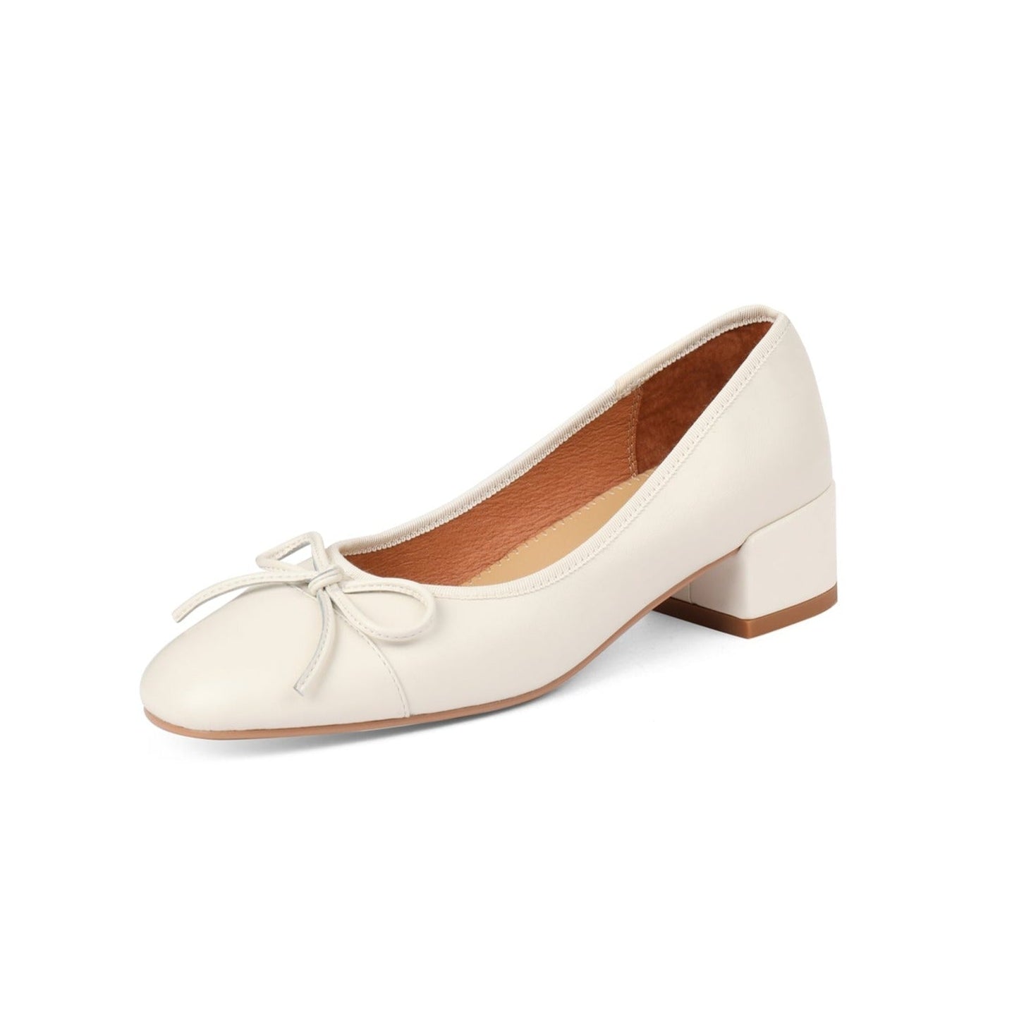 Nine Seven Women's Genuine Leather Handmade Cute Bow Knot Slip On Round Toe Low Chunky Heel Ballet Pumps