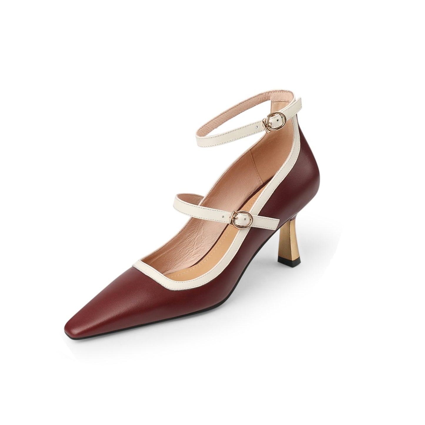 Nine Seven Women's Pointed Toe Genuine Leather Handmade Buckles Stiletto Mid Heel Retro Pumps Shoes