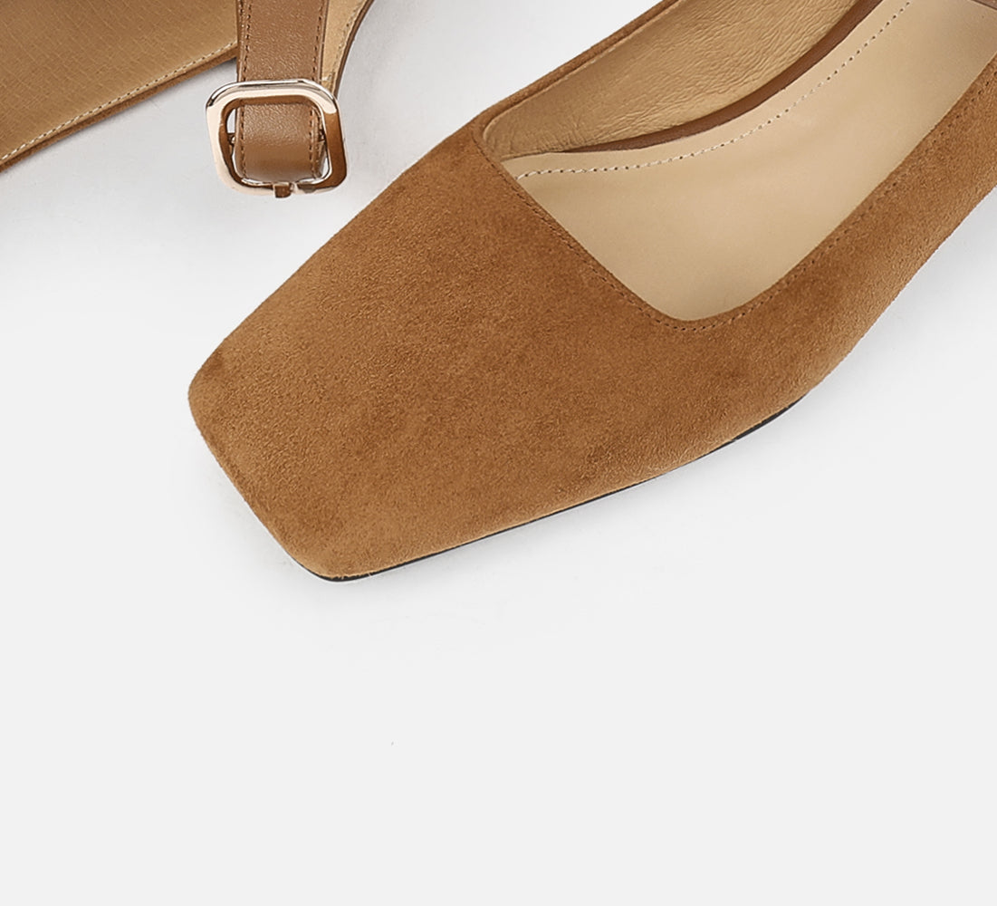 Nine Seven Women's Square Toe Genuine & Suede Leather Handmade Buckle Belt Low Chunky Heels Vintage Pumps Shoes