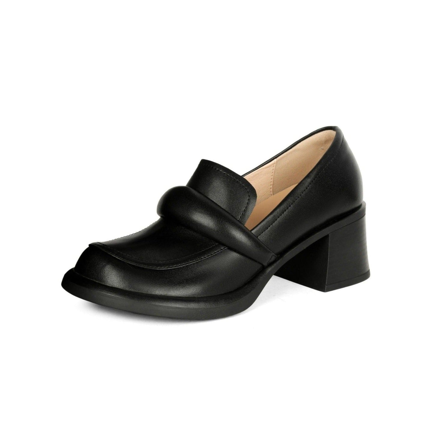 Nine Seven Handmade Women's Genuine Leather Slip On Round Toe Mid Chunky Heel Casual Loafer Pumps Shoes