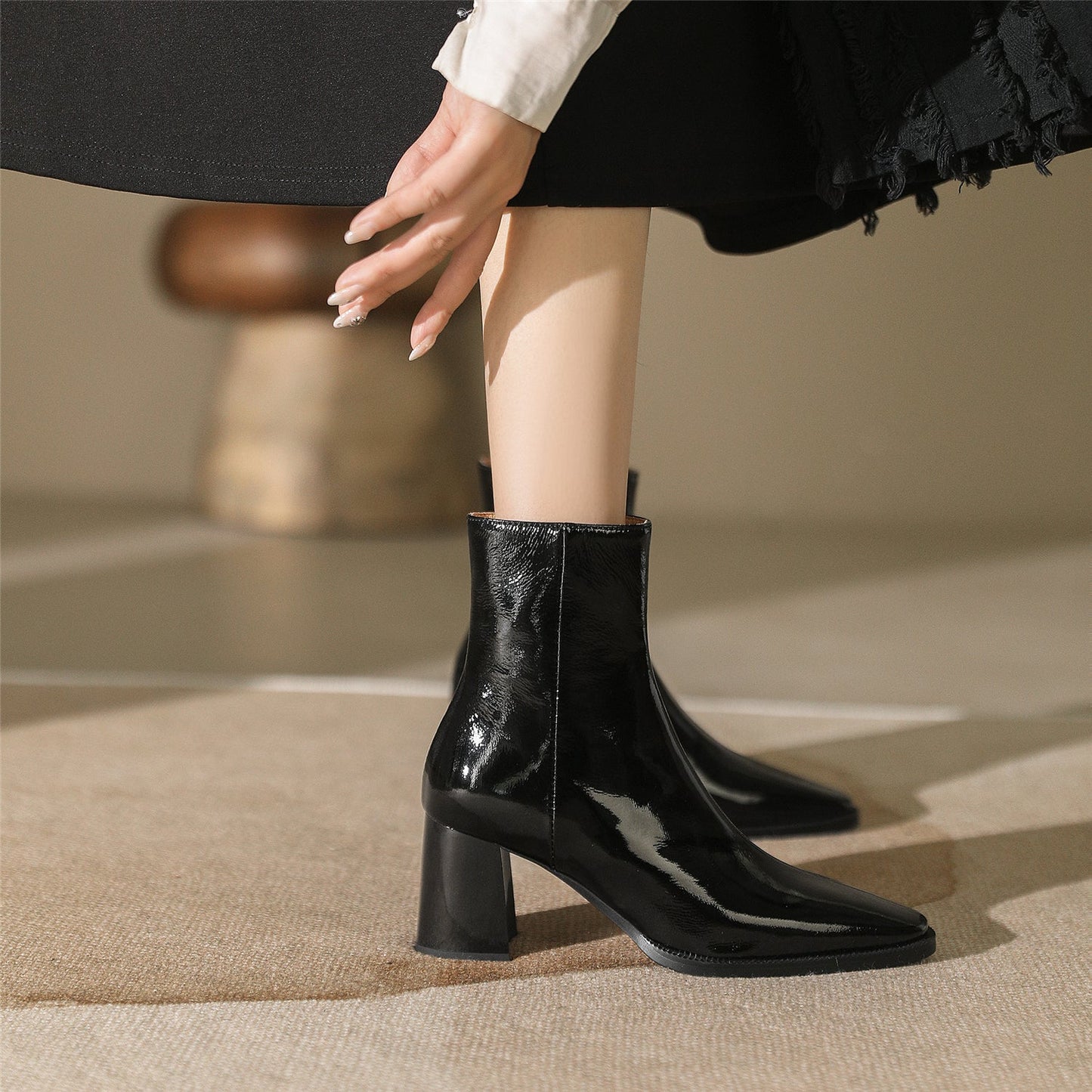 Nine Seven Women's Handmade Glossy Genuine Leather Pointed Toe Side Zipper Mid Block Heel Ankle Boots