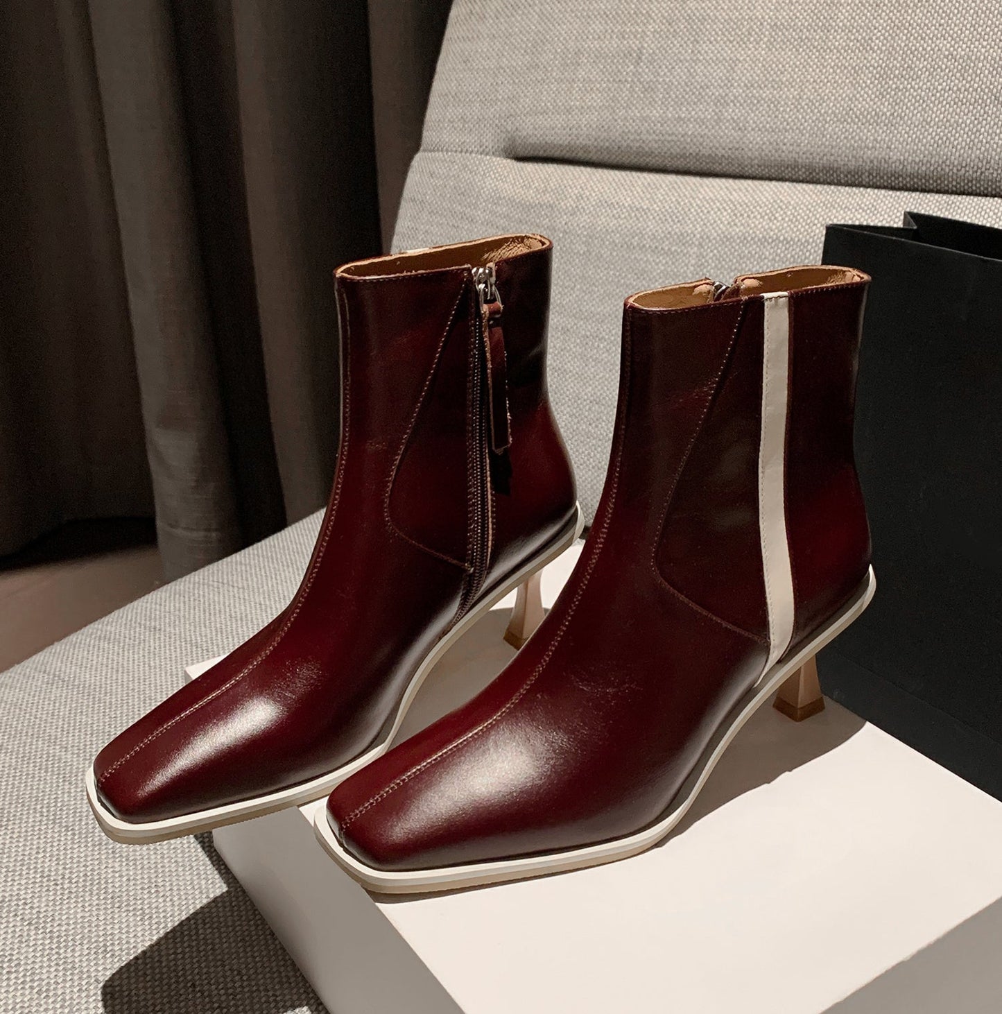 Nine Seven Women's Genuine Leather Square Toe Handmade Stiletto Heels Side Zip Up Chic Ankle Boots