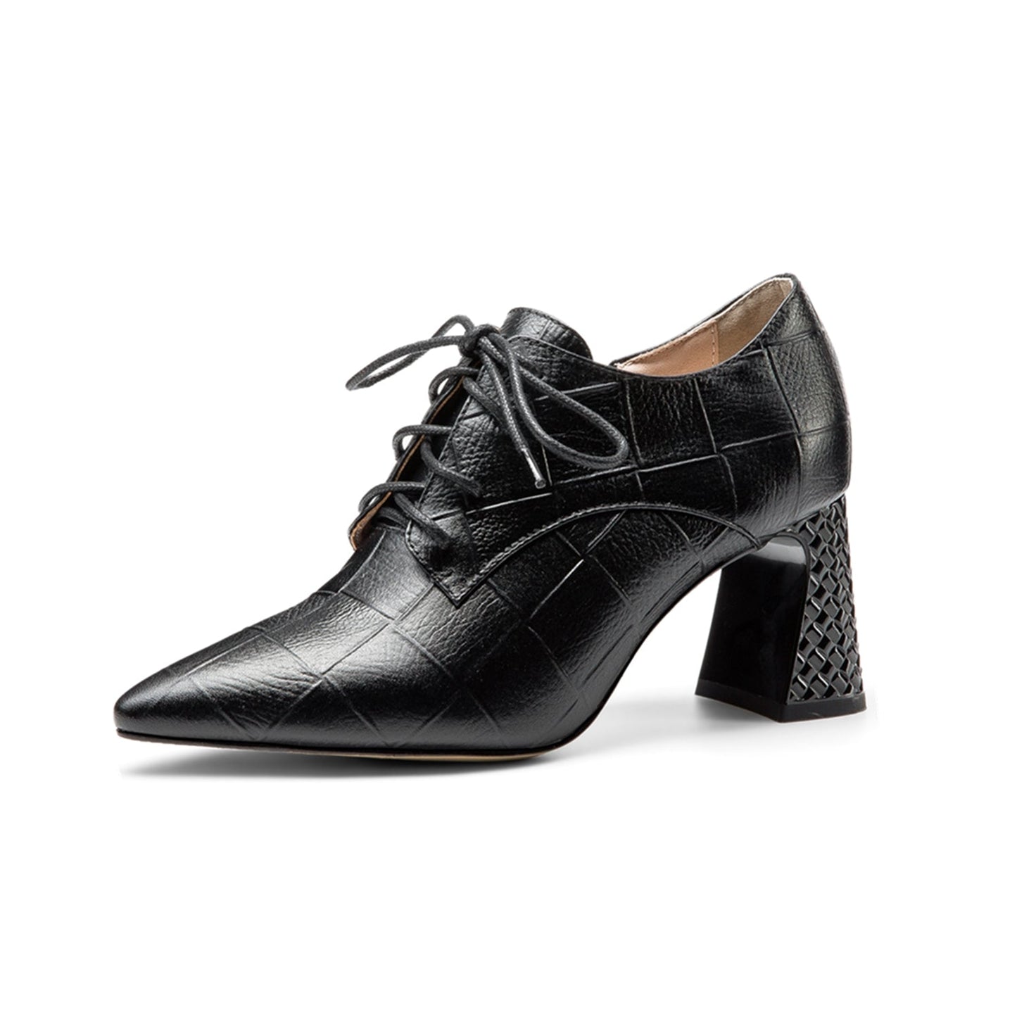 Nine Seven Women's Genuine Leather Handmade Pointed Toe Mid Chunky Heel Lace Up Modern Pump Shoes with Side Zip