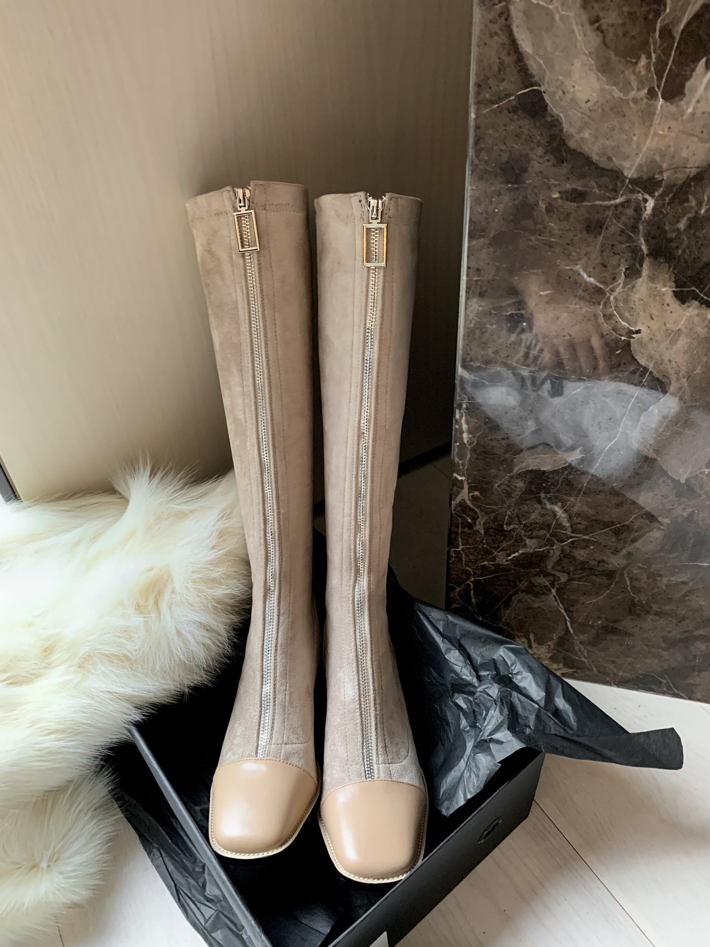 Nine Seven Women's Stretch Fabric Handmade Cap Toe Fashion Front Zipper Comfort Low Chunky Heel Knee High Boots