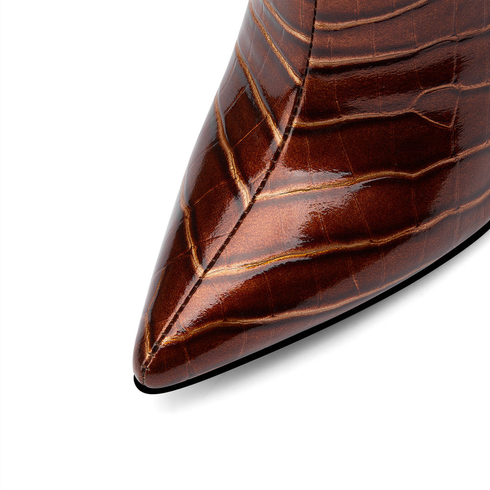 Nine Seven Handmade Women's Glossy Microfiber Leather Pointed Toe Sexy Super High Stiletto Back Zip Knee High Boots