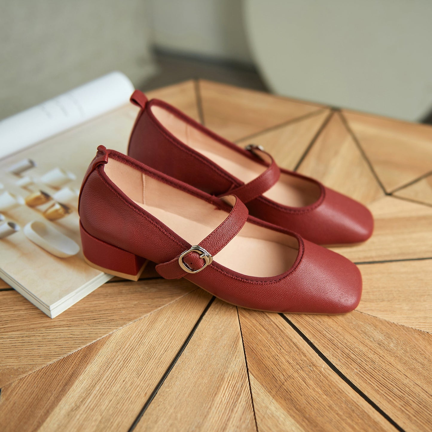 Nine Seven Women's Genuine Leather Square Toe Handmade Buckle Low Chunky Heels Casual Mary Jane Shoes