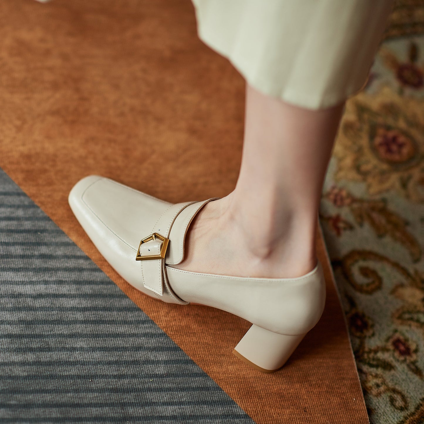 Nine Seven Genuine Leather Women's Handmade Square Toe Mid Block Heel Slip On Graceful Oxford Loafer Pumps with Cool Buckle