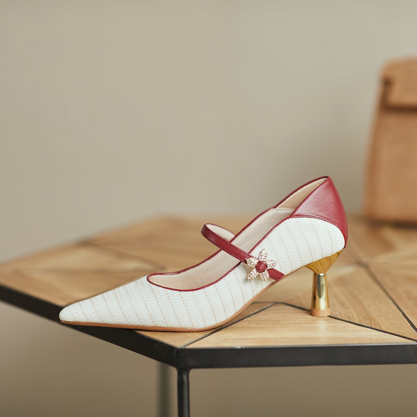 Nine Seven Women's Genuine Letaher Handmade Assorted Colors Pointed Toe Mid Heels Pumps Shoes with Floral Buckle