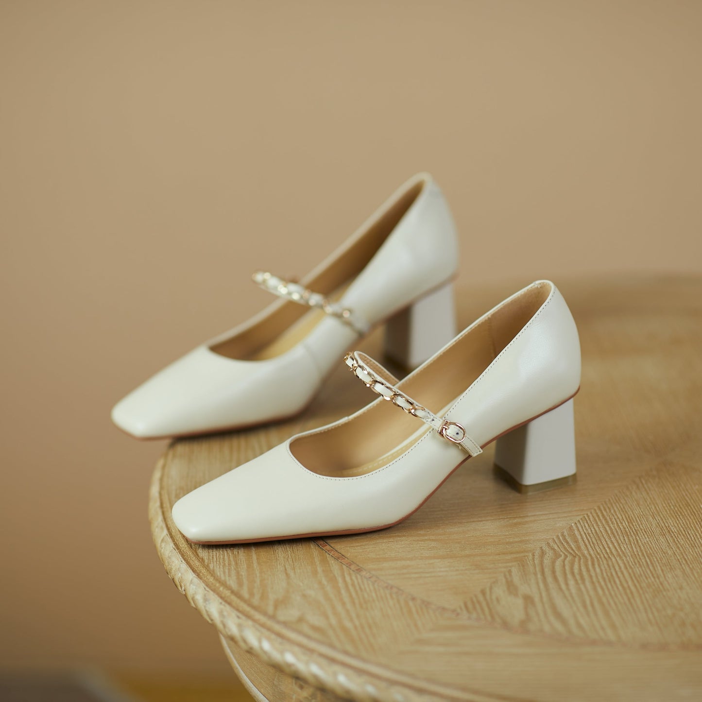 Nine Seven Women's Genuine Leather Handmade Mid Chunky Heel Classic Square Toe Buckle Retro Mary Jane Pump Shoes