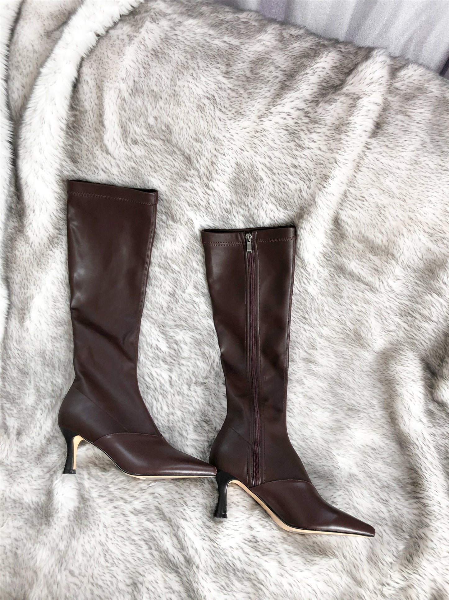 Nine Seven Women's Handmade Genuine Leather with Elastic Fabric Pointed Toe Side Zip Mid Heel Stylish Knee High Boots