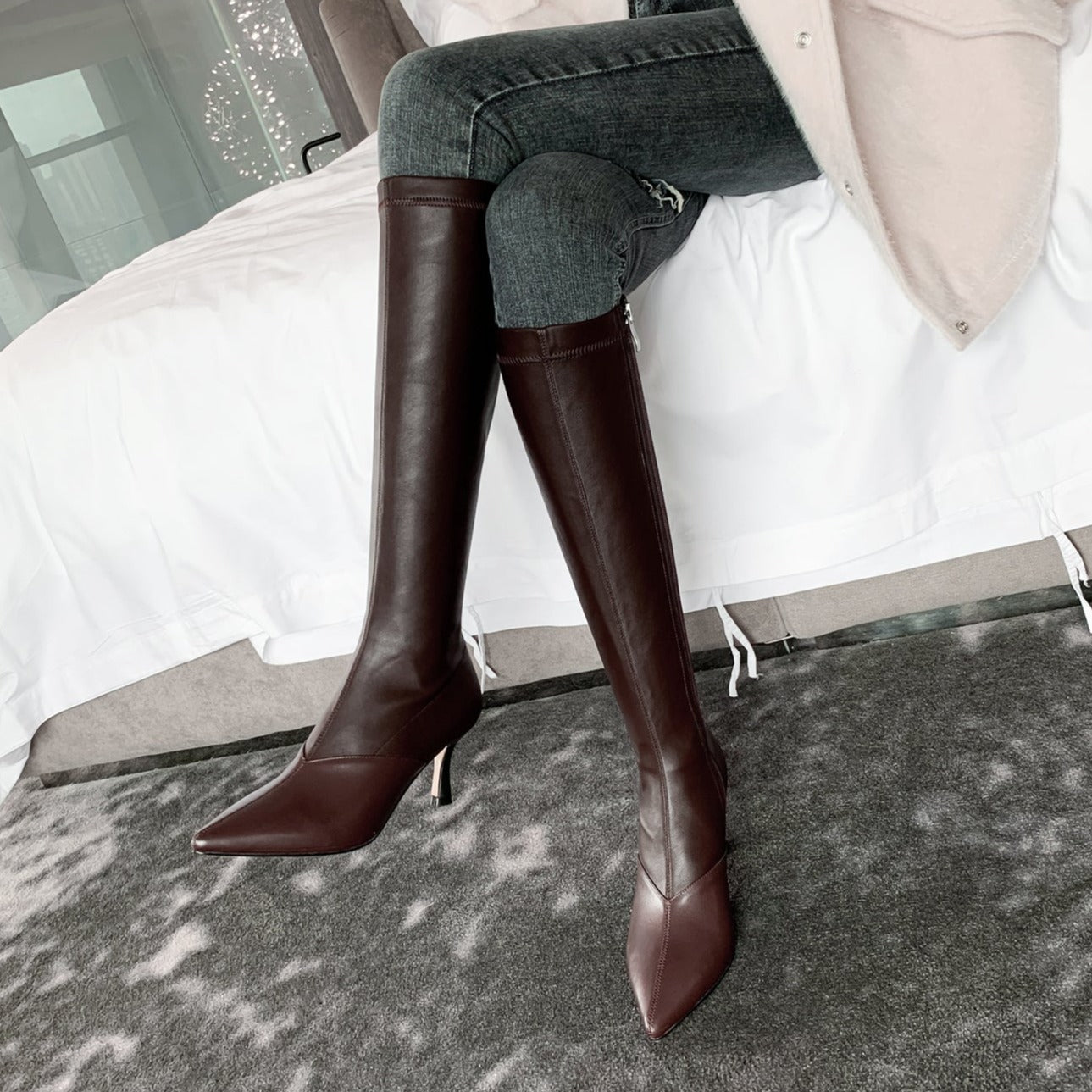 Nine Seven Women's Handmade Genuine Leather with Elastic Fabric Pointed Toe Side Zip Mid Heel Stylish Knee High Boots
