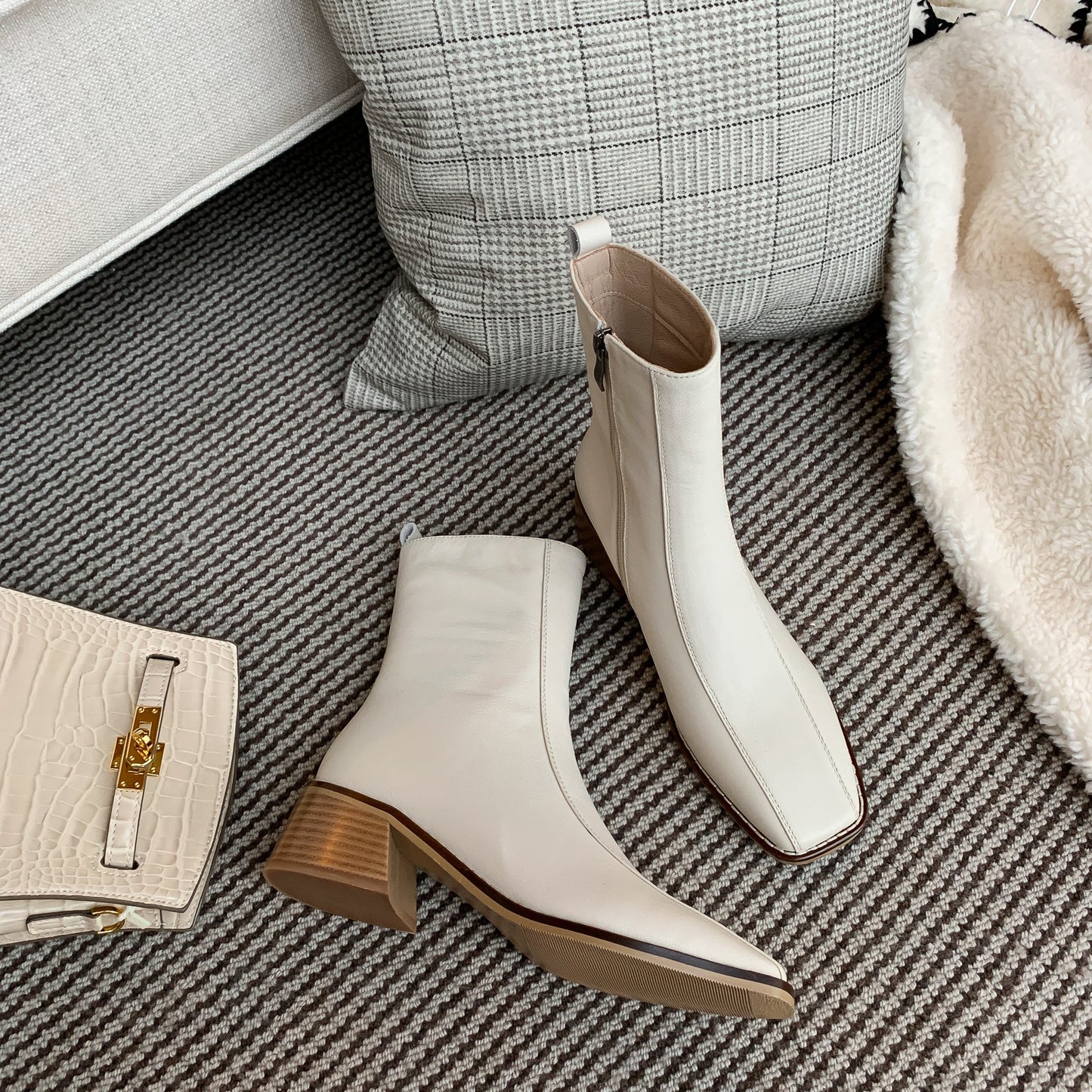 Nine Seven Women's Genuine Leather Square Toe Side Zip Up Handmade Low Chunky Heel Chic Mid-Calf Boots