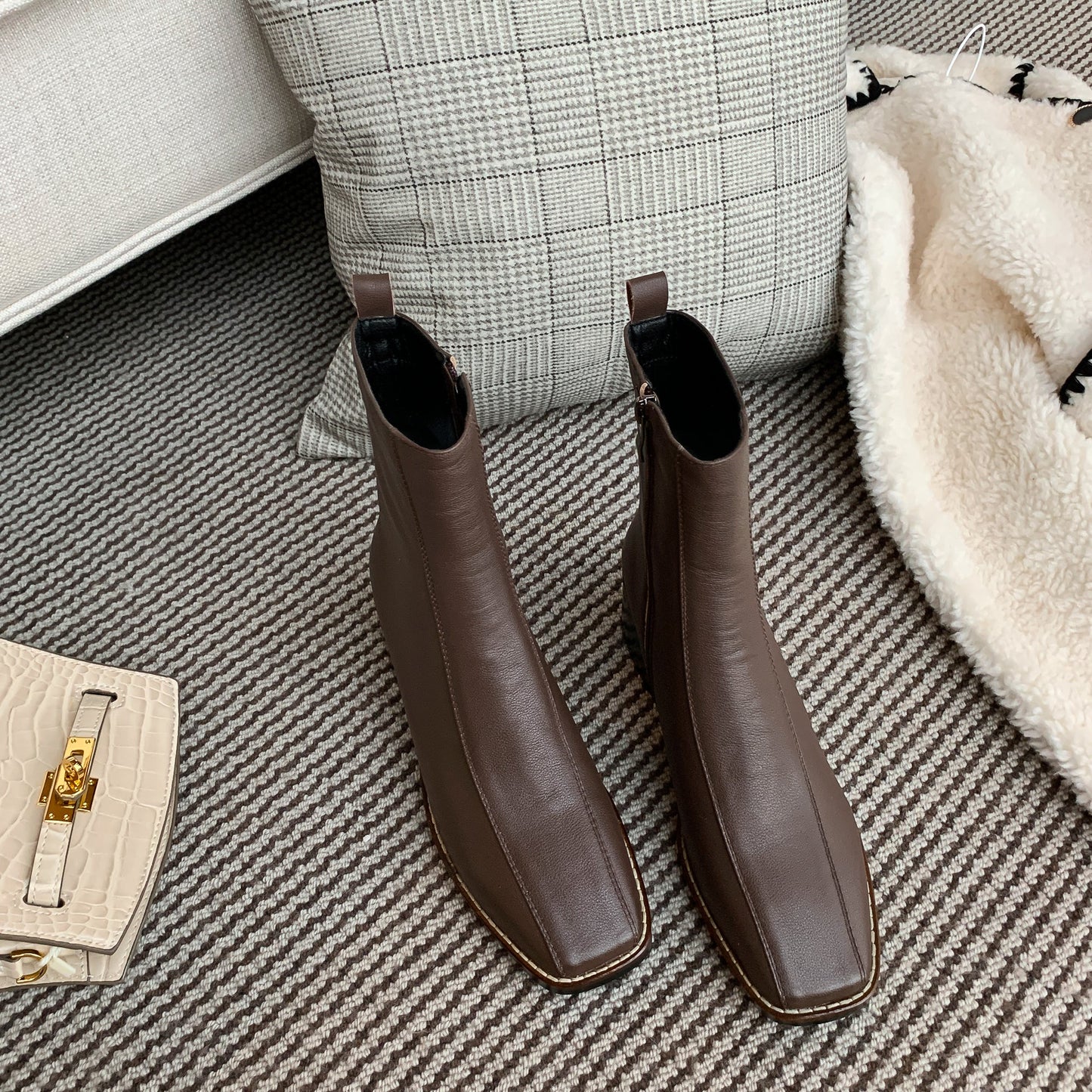 Nine Seven Women's Genuine Leather Square Toe Side Zip Up Handmade Low Chunky Heel Chic Mid-Calf Boots