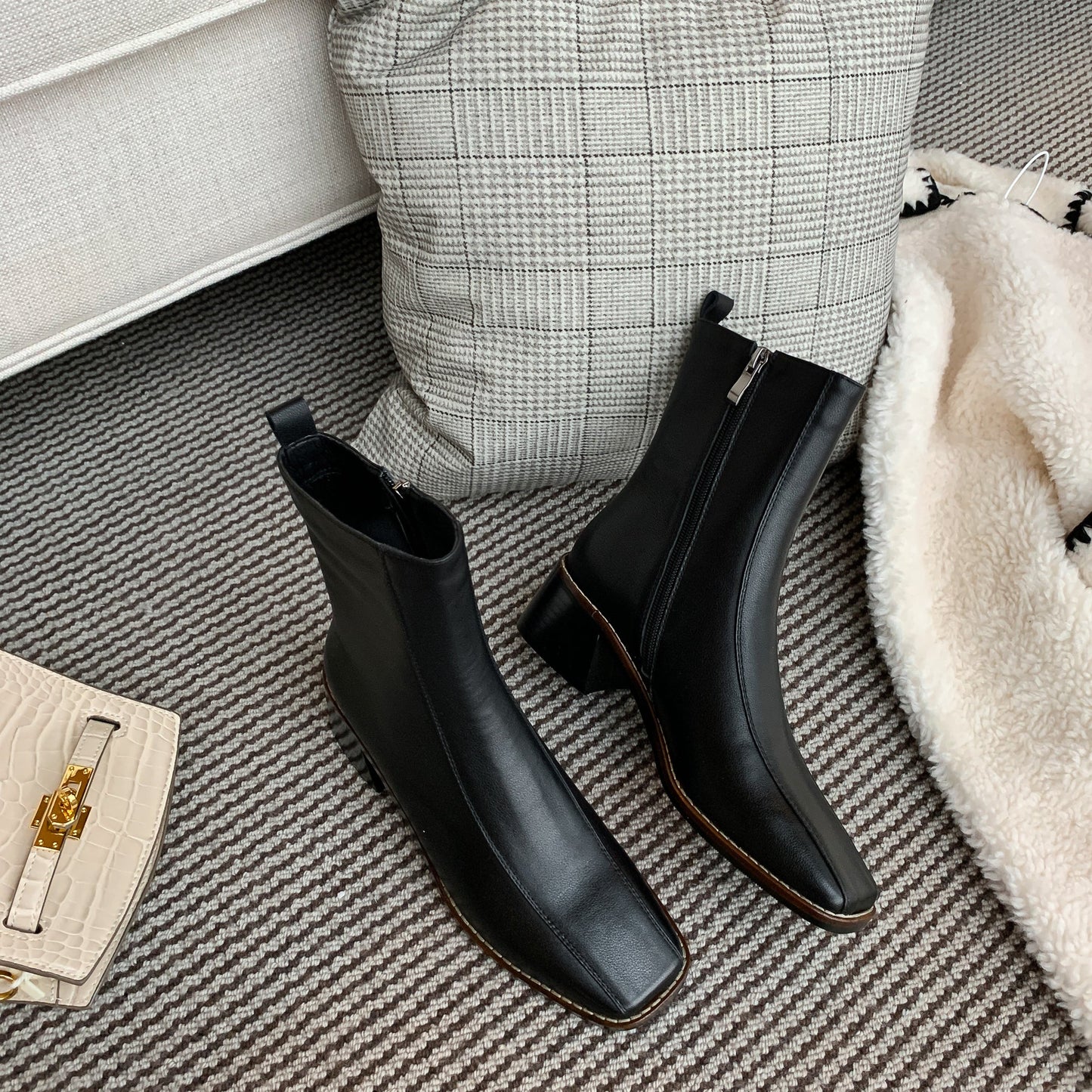 Nine Seven Women's Genuine Leather Square Toe Side Zip Up Handmade Low Chunky Heel Chic Mid-Calf Boots