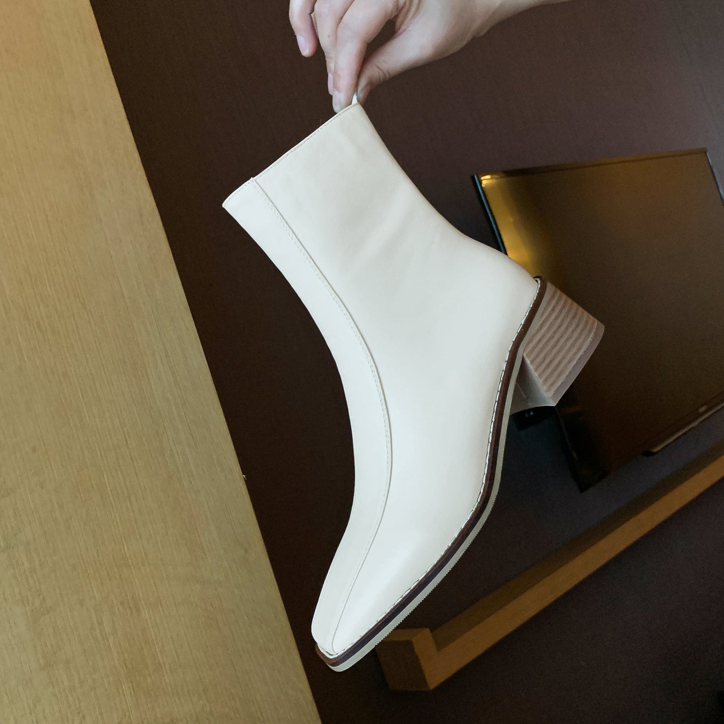 Nine Seven Women's Genuine Leather Square Toe Side Zip Up Handmade Low Chunky Heel Chic Mid-Calf Boots