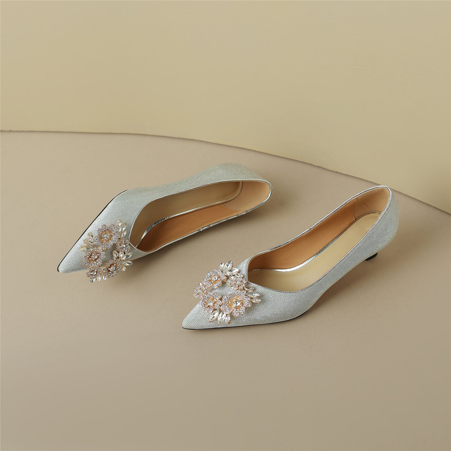 Nine Seven Glitter Rhinestone Pattern Kitten Heel Handmade Women's Pointed Toe Slip On Elegant Bridal Loafer Pumps