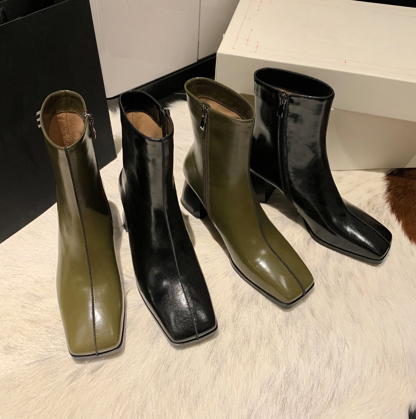 Nine Seven Women's Genuine Leather Square Toe Handmade Zipper Mid Chunky Heels Trendy Mid Calf Boots