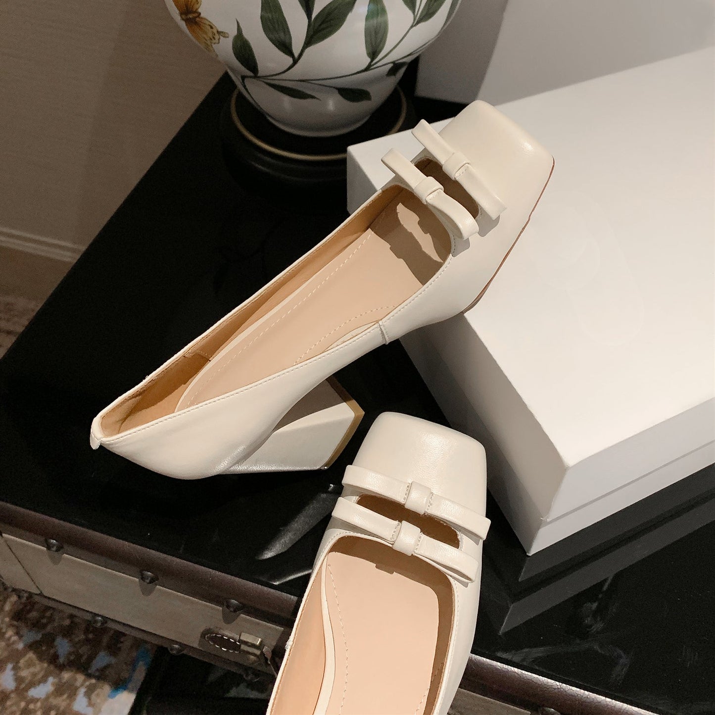 Nine Seven Handmade Women's Genuine Leather Slip On Bow Square Toe High Chunky Heel Pumps Shoes