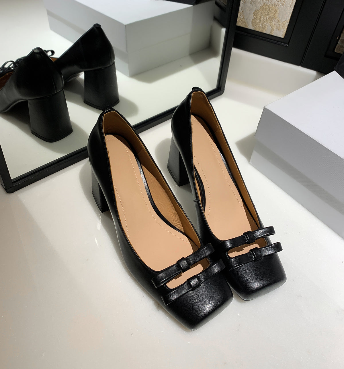 Nine Seven Handmade Women's Genuine Leather Slip On Bow Square Toe High Chunky Heel Pumps Shoes