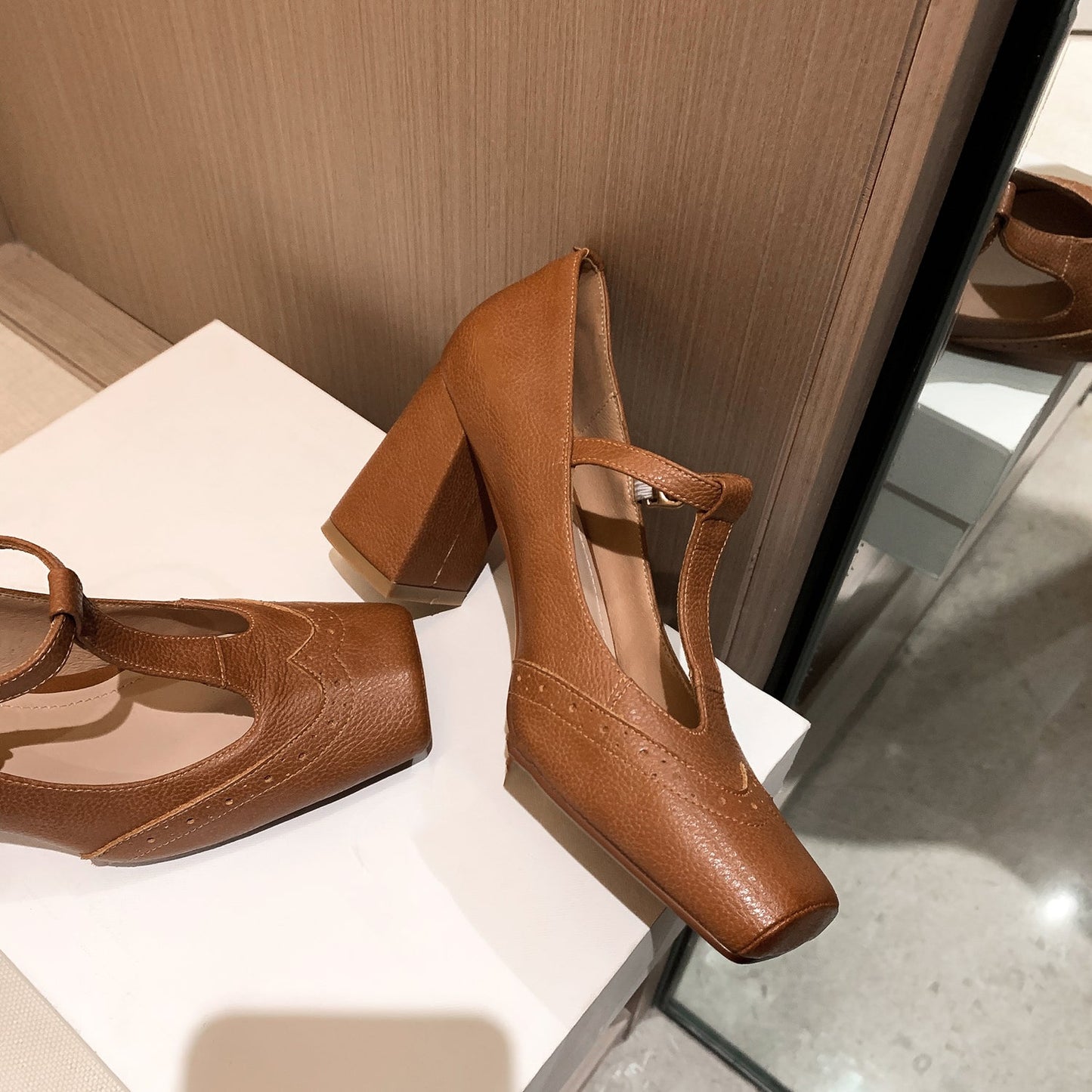 Nine Seven Handmade Women's Genuine Leather T-Strap Buckle Square Toe High Block Heel Mary Janes Pumps Shoes