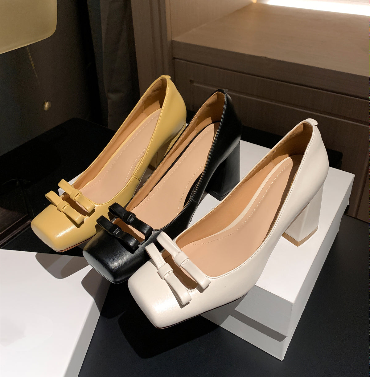 Nine Seven Handmade Women's Genuine Leather Slip On Bow Square Toe High Chunky Heel Pumps Shoes