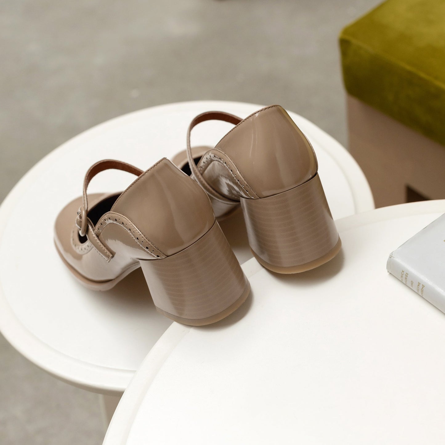 Nine Seven Glossy Genuine Leather Women's Handmade Round Toe Mid Block Heel Buckle Cute Mar Jane Pump Shoes