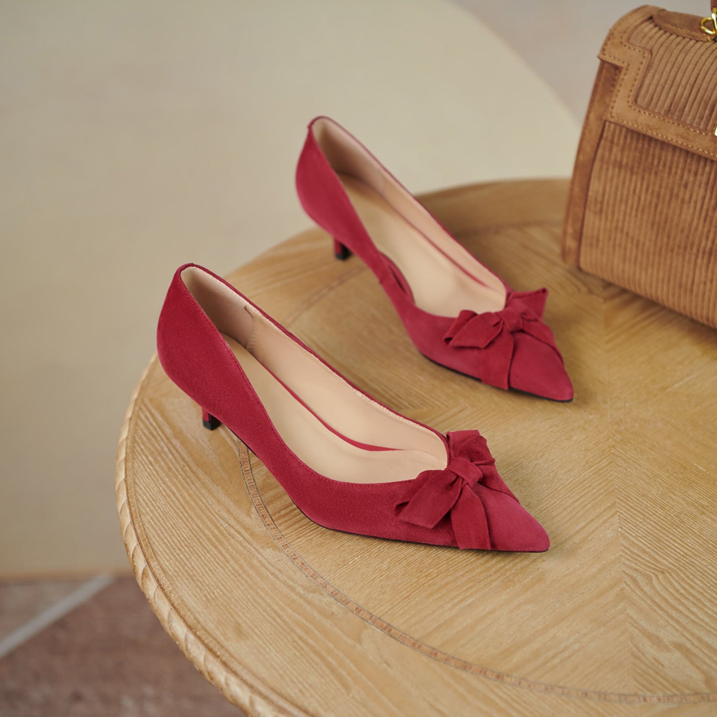 Nine Seven Women's Handmade Suede Leather Pointed Toe Kitten Heel Elegant Loafer Pumps with Bow