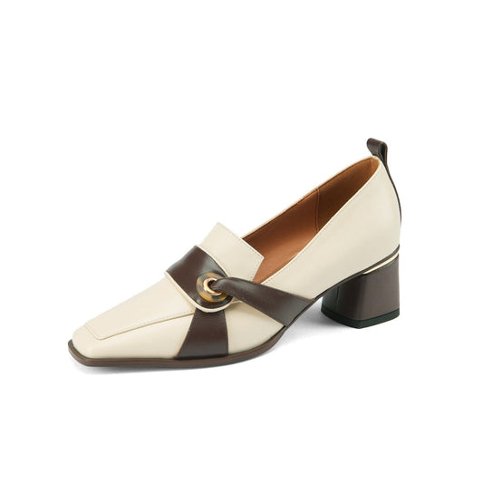 Nine Seven Women's Square Toe Genuine Leather Handmade Chunky Heel Stylish Loafers Shoes