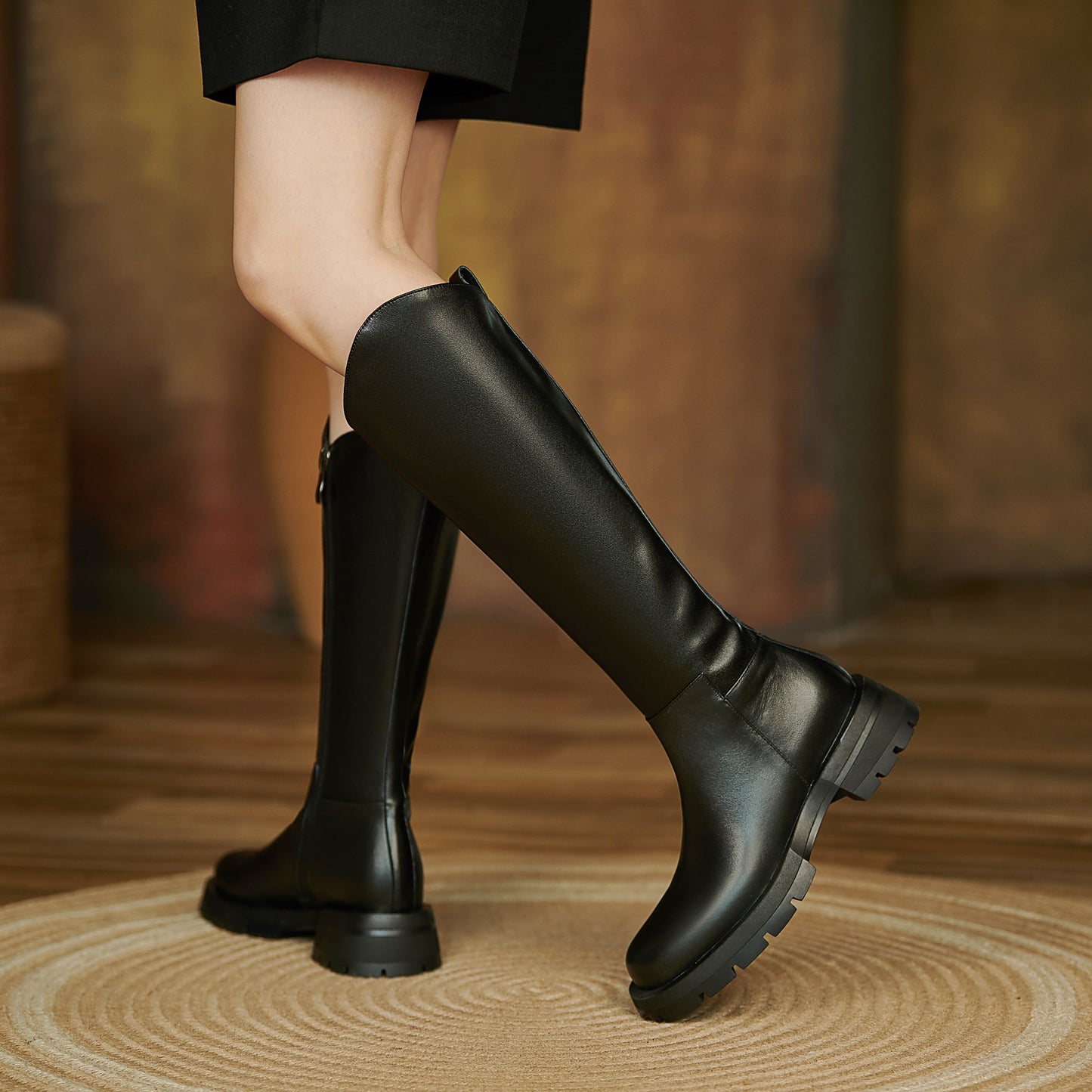 Nine Seven Women's Genuine Leather Round Toe Handmade Platform Side Zipper Chic Irregular Knight Boots