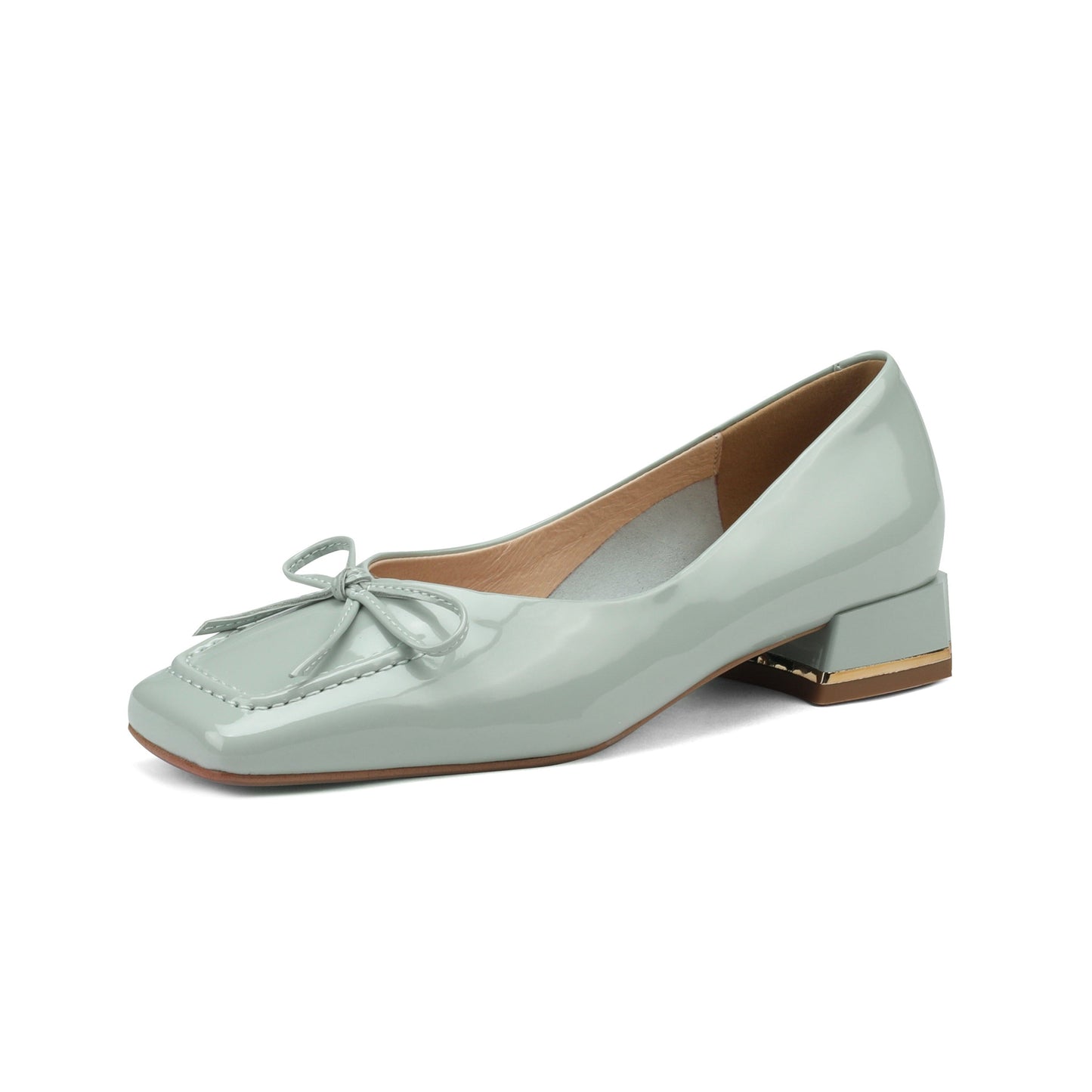 Nine Seven Glossy Patent Leather Women's Handmade Classic Square Toe Block Heel Slip On Loafer Pumps with Bowknot