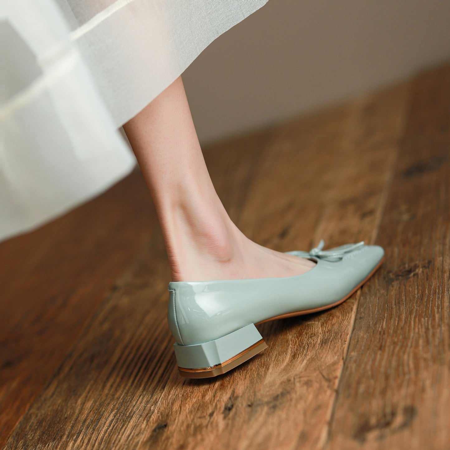 Nine Seven Glossy Patent Leather Women's Handmade Classic Square Toe Block Heel Slip On Loafer Pumps with Bowknot