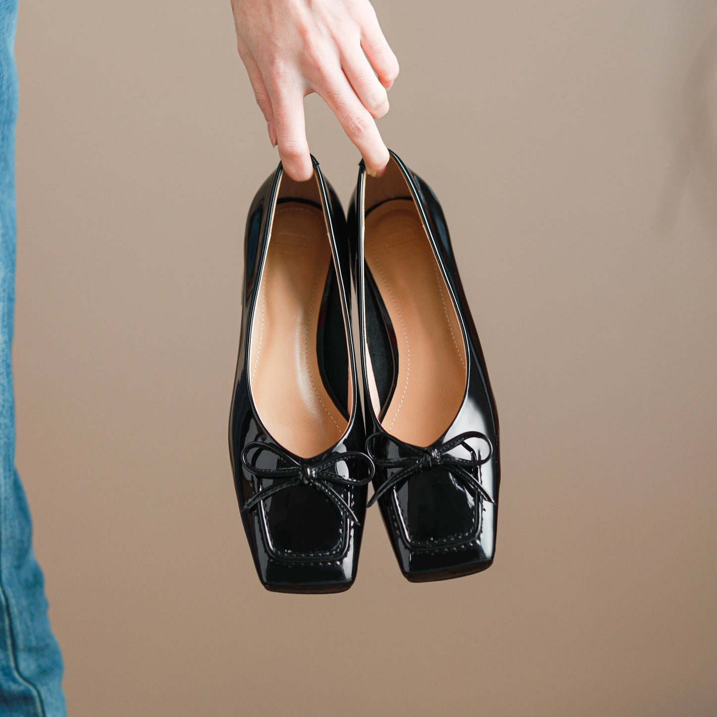 Nine Seven Glossy Patent Leather Women's Handmade Classic Square Toe Block Heel Slip On Loafer Pumps with Bowknot