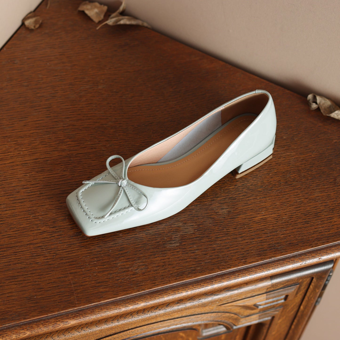 Nine Seven Glossy Patent Leather Women's Handmade Classic Square Toe Block Heel Slip On Loafer Pumps with Bowknot