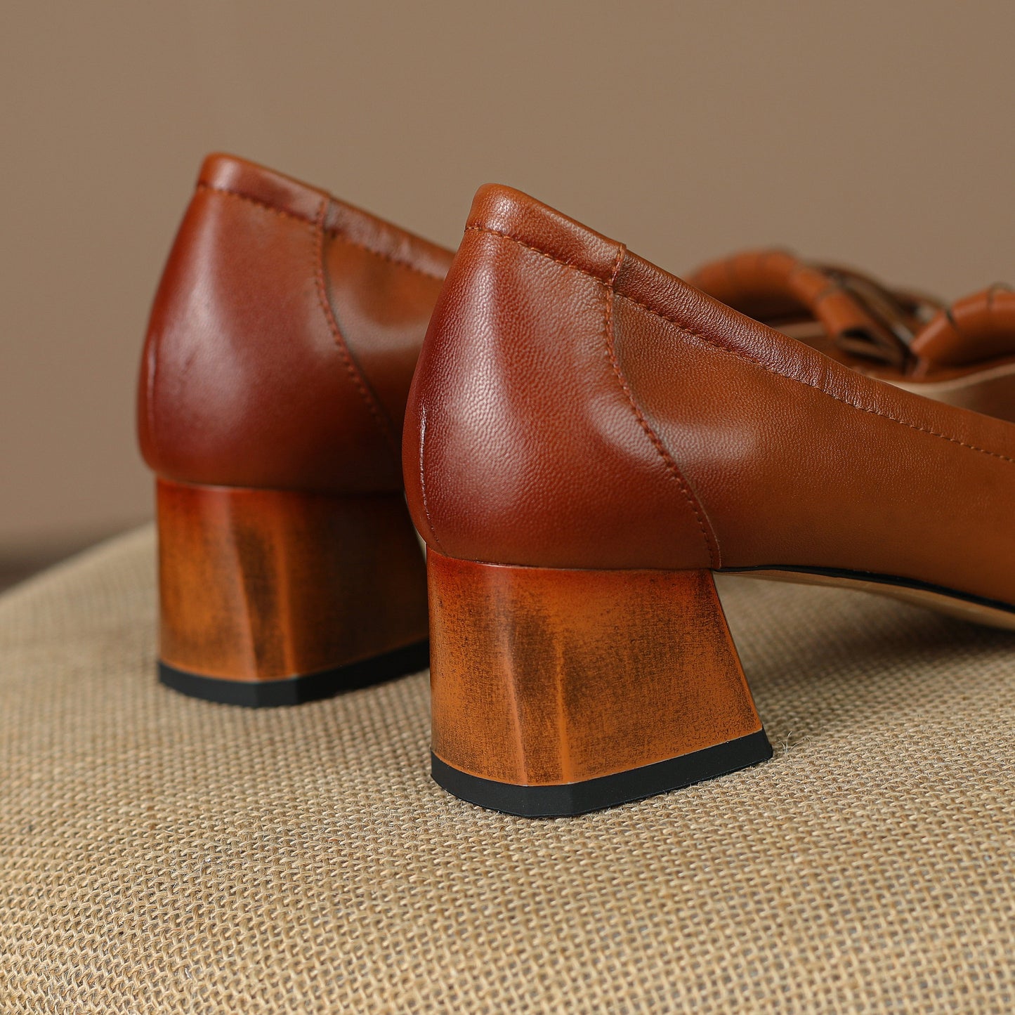 Nine Seven Women's Genuine Leather Square Handmade Tassels Chunky Heel Retro Loafers Shoes with Chain Decor