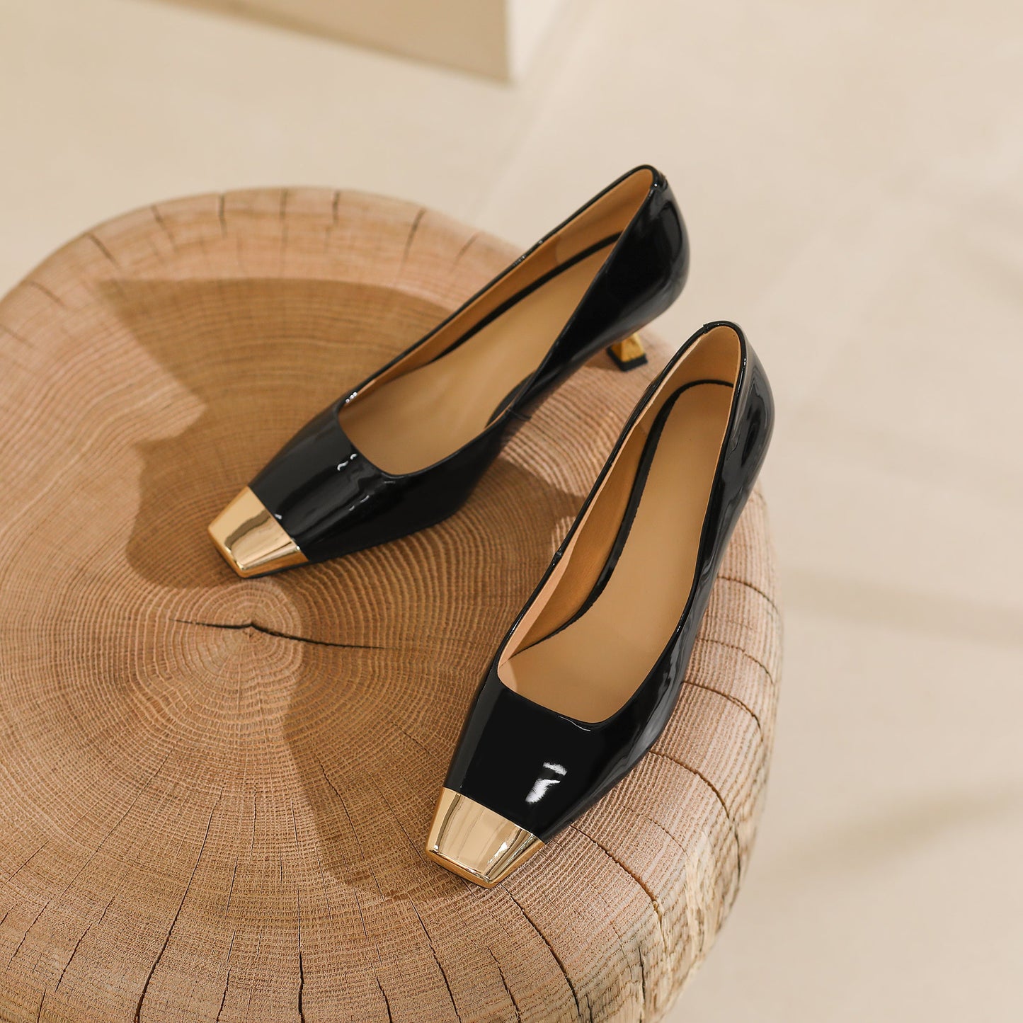 Nine Seven Handmade Cap Toe Women's Patent Leather Stiletto Mid Heel Stylish Pumps Shoes