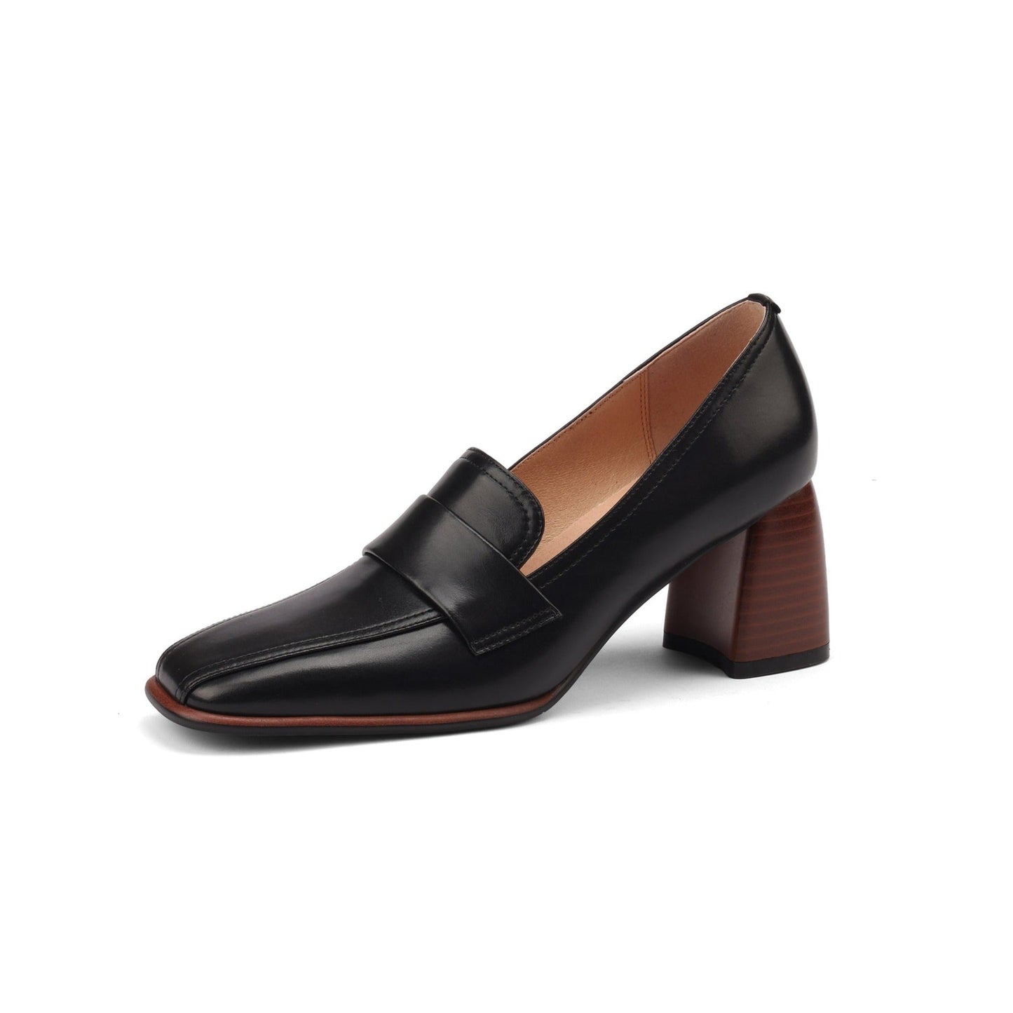 Nine Seven Women's Square Toe Handmade Genuine Leather Mid Chunky Heels Slip On Vintage Pumps Shoes