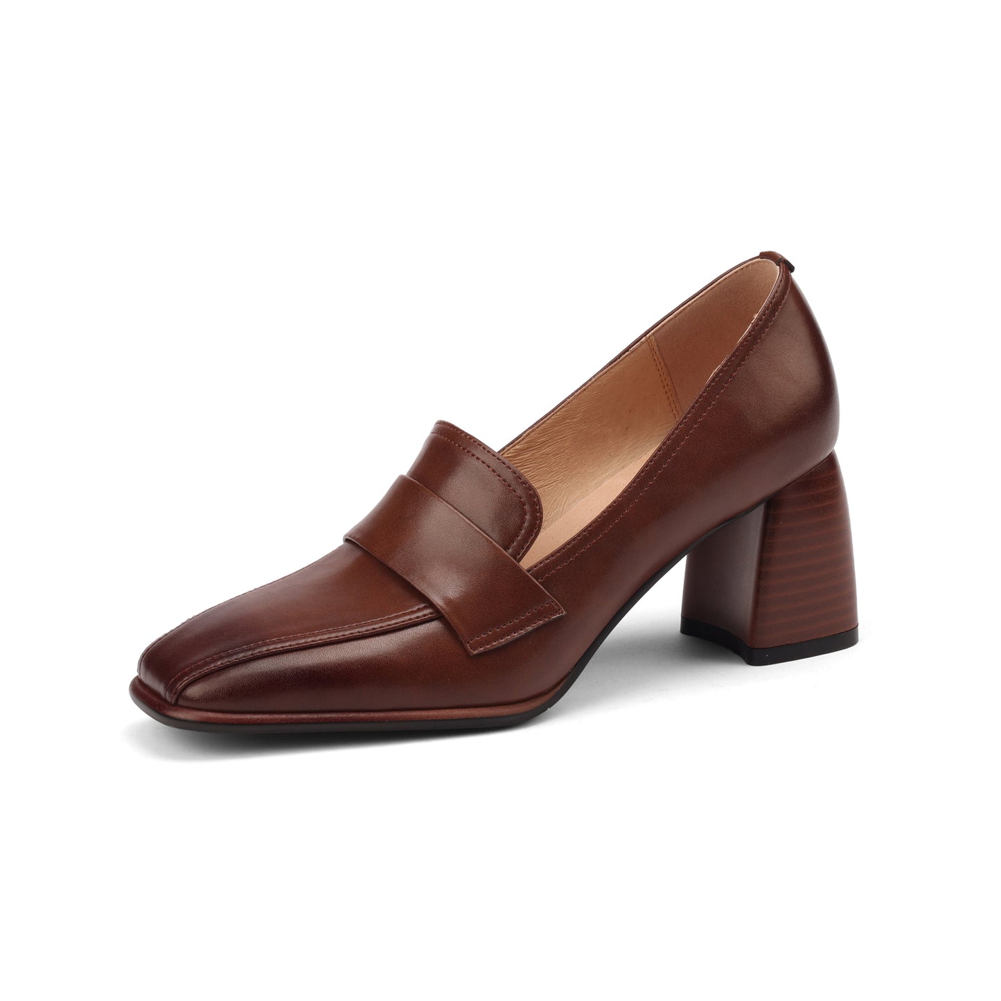 Nine Seven Women's Square Toe Handmade Genuine Leather Mid Chunky Heels Slip On Vintage Pumps Shoes