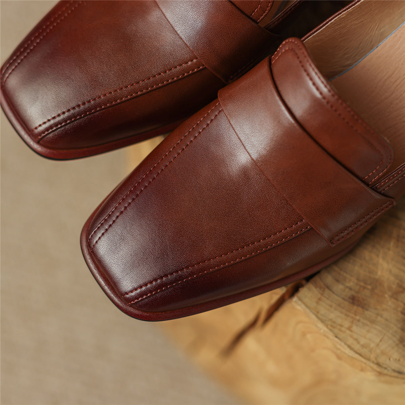 Nine Seven Women's Square Toe Handmade Genuine Leather Mid Chunky Heels Slip On Vintage Pumps Shoes