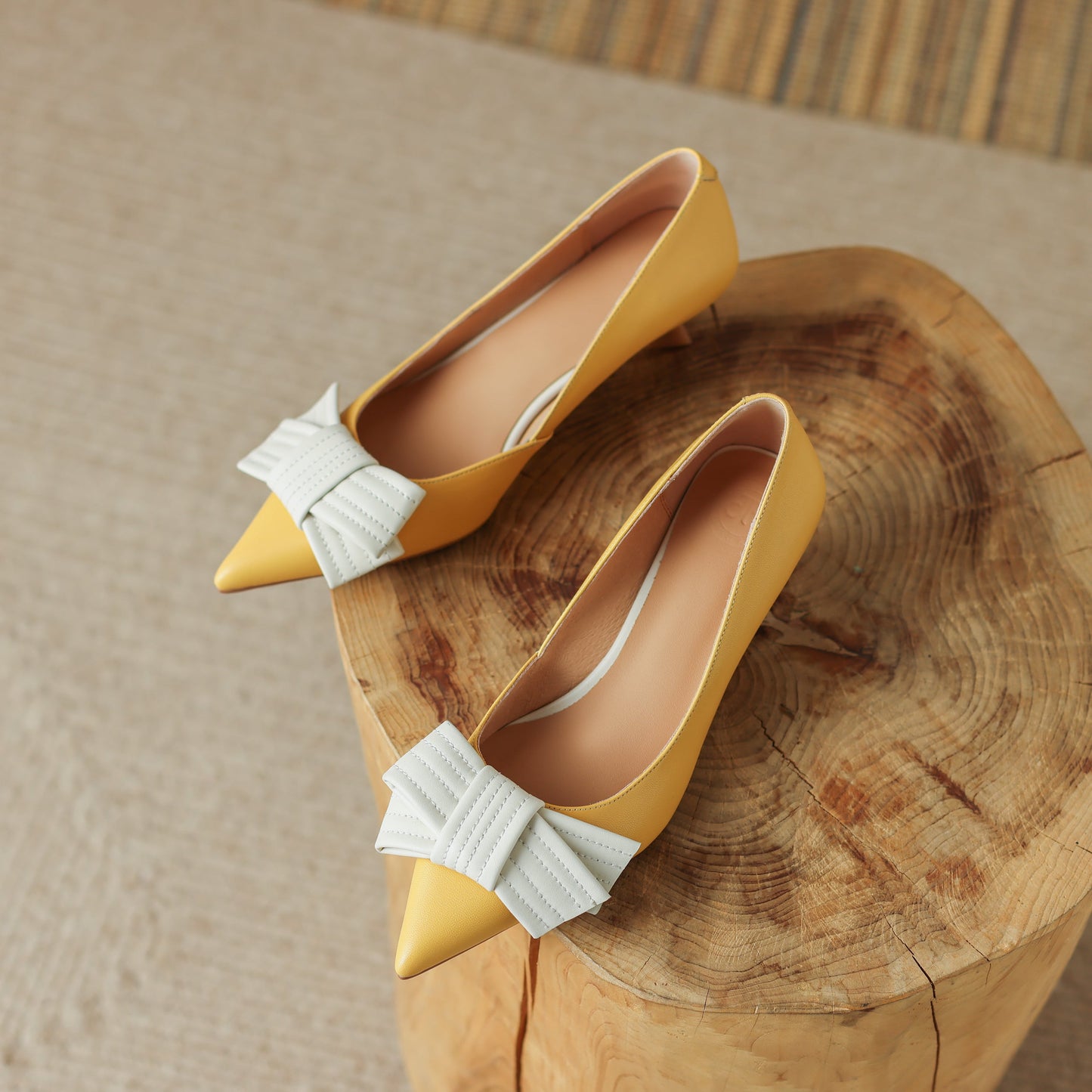 Nine Seven Women's Genuine Leather Pointed Toe Handmade Bowknot Slip On Low Heels Cute Pumps