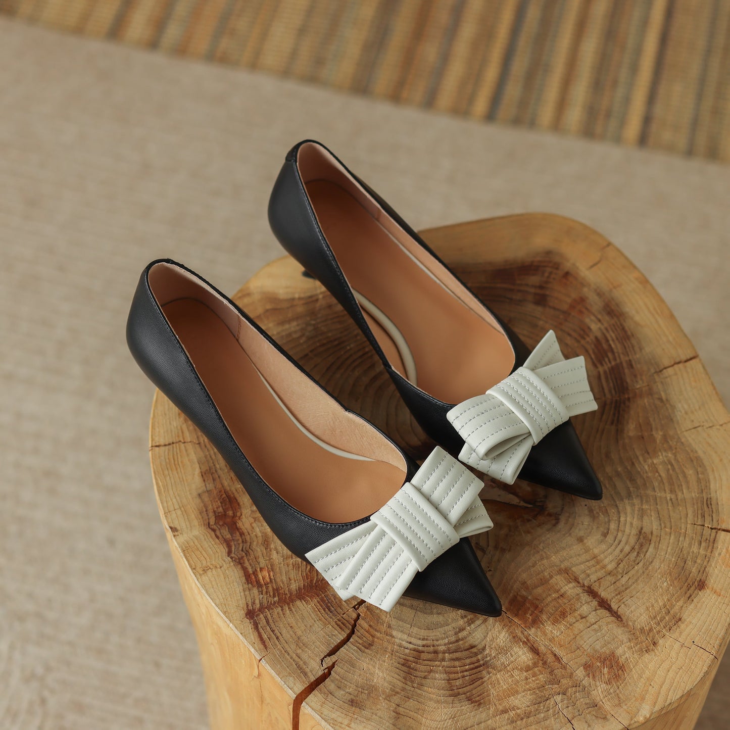 Nine Seven Women's Genuine Leather Pointed Toe Handmade Bowknot Slip On Low Heels Cute Pumps