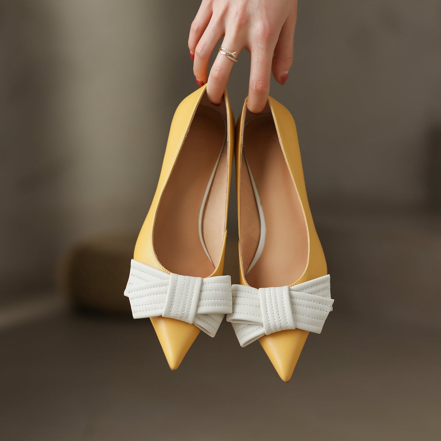 Nine Seven Women's Genuine Leather Pointed Toe Handmade Bowknot Slip On Low Heels Cute Pumps